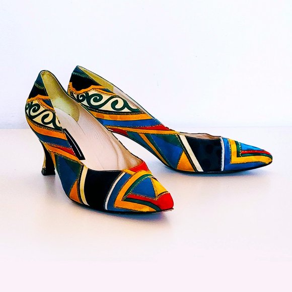 Stuart Weitzman Vintage 80s 90s Pattern with Golden Heels - Size 7.5 - Picture 1 of 12